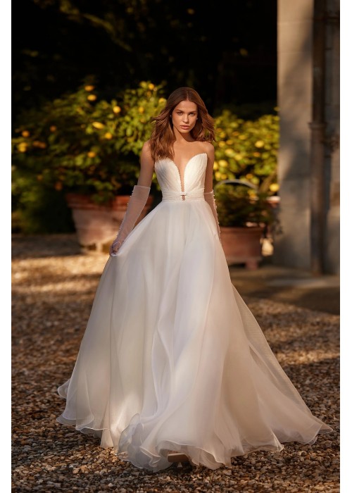 Luxury Wedding Dress - A-line Organza Drapery Deep Neckline with Detachable Bows - Arrosa - LDK-08286.00.17